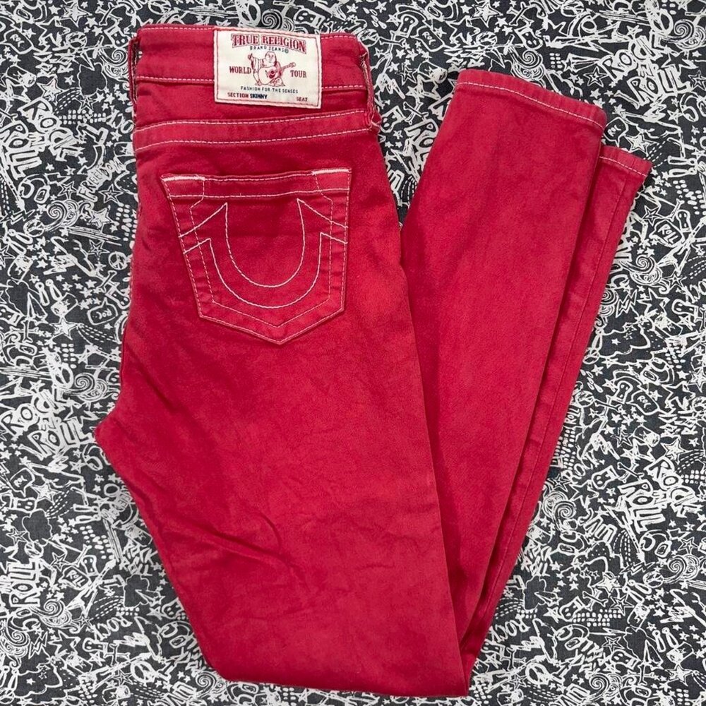 👖True Religion Red Low Rise Skinny Jeans Size 27 Y2K Contrast Stitch